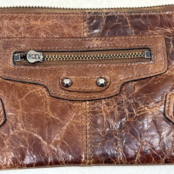 VTG Brown Distressed Leather Zip Studded Accents Pouch Wallet 7.5"x4.25" - Picture 4 of 15